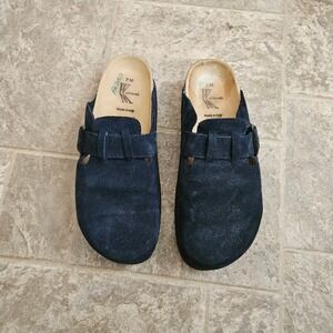 Suede Clogs Womens 7 Blue Buckle Strap Mules Made in Italy Slip on Comfort